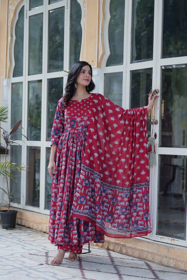 Wedding Wear Red Color Pure Cotton Kurti With Palazzo