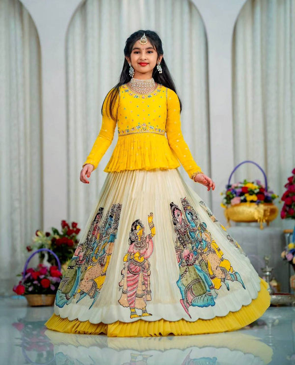 Designer Yellow and White Color Printed Kediya Style Lehenga Set