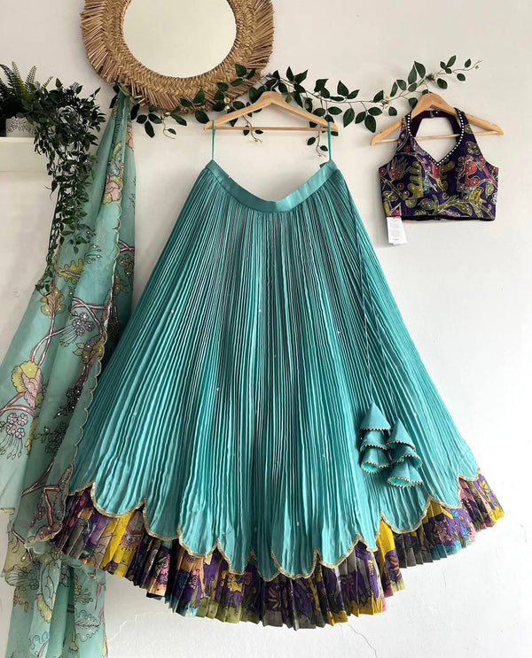 Designer Fancy Green Color Printed Lehenga Choli Set For Girls
