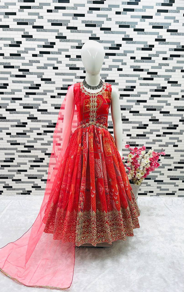 Designer Orange Color Heavy Fox Georgette Embroidered Siqunce Work Gown