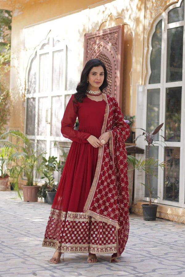 Maroon Color Faux Blooming With Embroidery Zari Sequins Work Designer Gown
