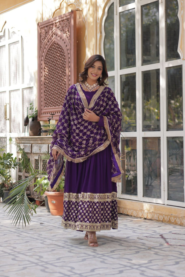 Purple Color Faux Blooming With Embroidery Zari Sequins Work Designer Gown