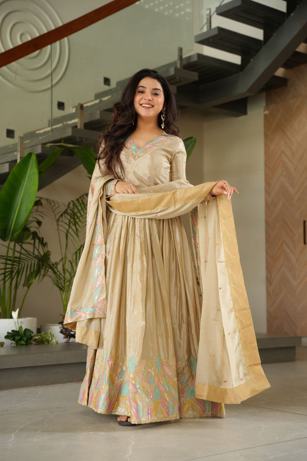 Designer Off White Color Embroidered Work Wedding Wear Gown Set with Dupatta