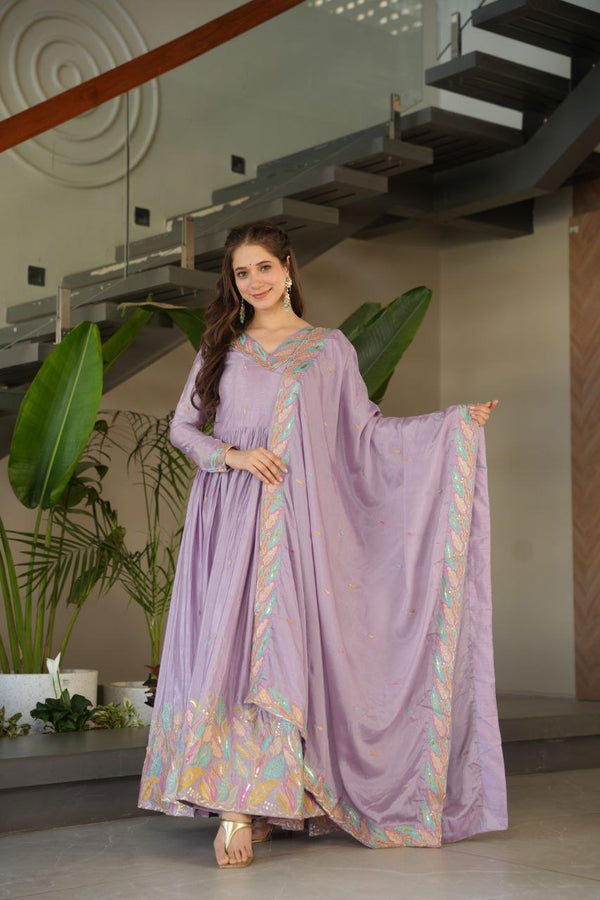 Designer Lavender Color Embroidered Work Wedding Wear Gown Set with Dupatta
