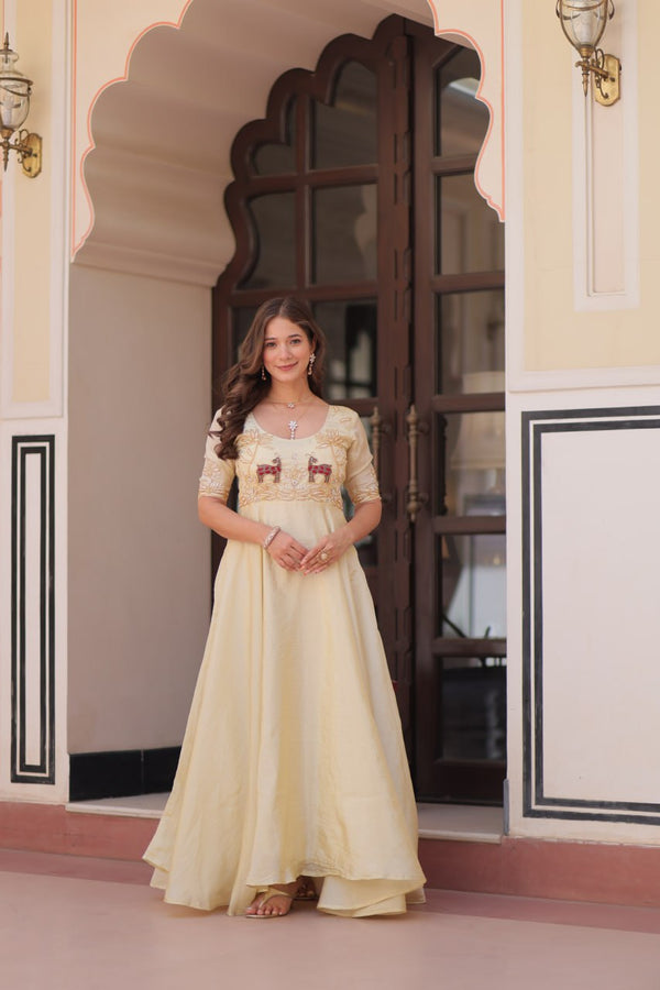 Premium Beige Color Handwork Gown 8 Meter Flair Fully Stitched Ready to Wear