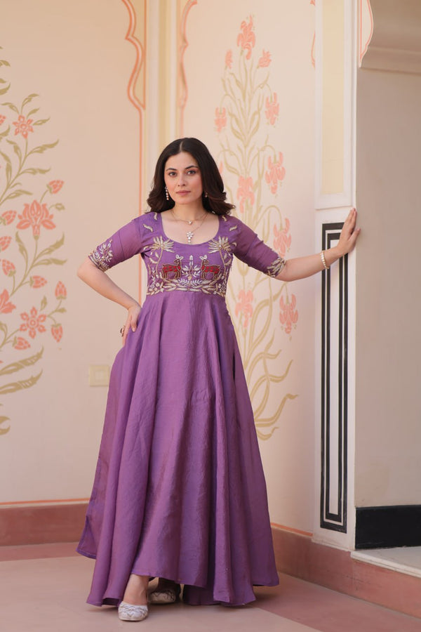 Premium Purple Color Handwork Gown 8 Meter Flair, Fully Stitched Ready to Wear