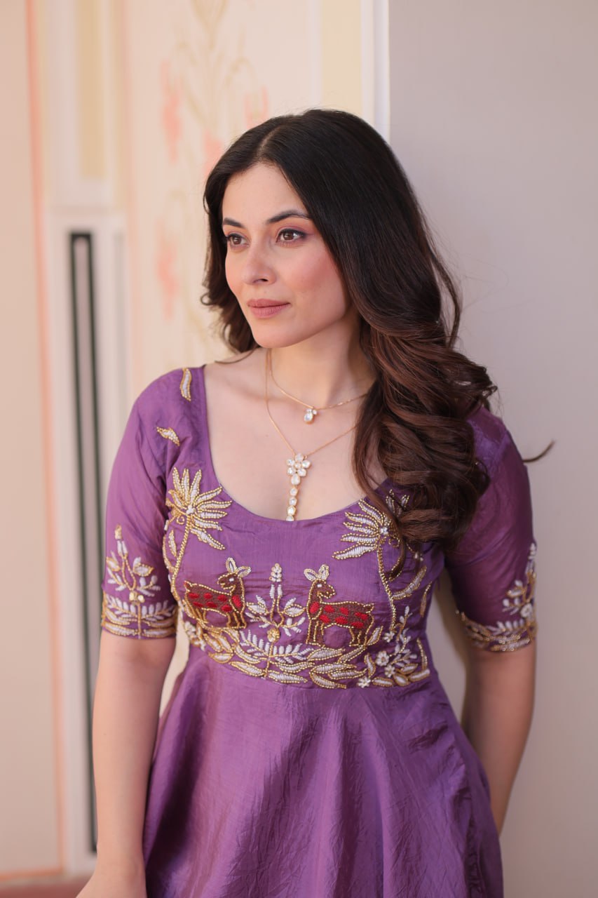 Color Handwork Premium Purple Color Handwork Gown 8 Meter Flair, Fully Stitched Ready ...