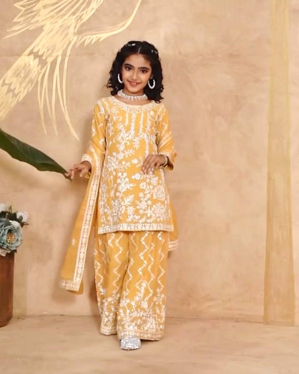 Designer Yellow Color Faux Georgette Embroidered Ready To Wear Shrara Suit