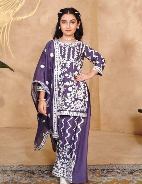 Designer Purple Color Faux Georgette Embroidered Ready To Wear Shrara Suit