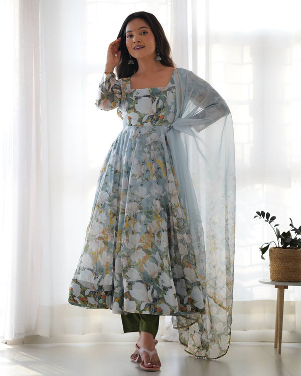 Fusion Wear Multi Color Heavy Pure Soft Organza Silk With Floral Printed Designer Anarkali Gown