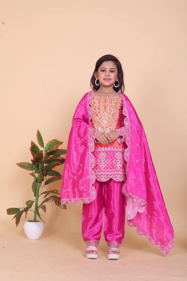 Designer Pink Color Pure Chinnon With Heavy Embroidery Coding Dori-Sequence Work Top-Bottom And Dupatta Set Fully Stitched