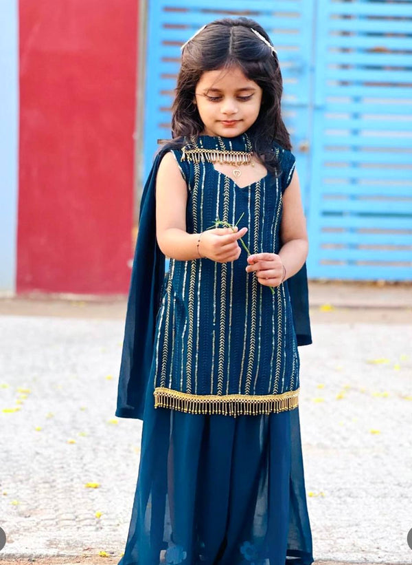 Designer Teal Blue Color Sequins Embroidered Sharara Suit WIth Dupatta