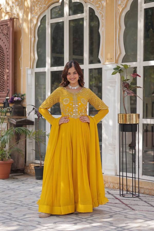 Ocassion Wear Yellow Color Embroidered Work Designer Gown