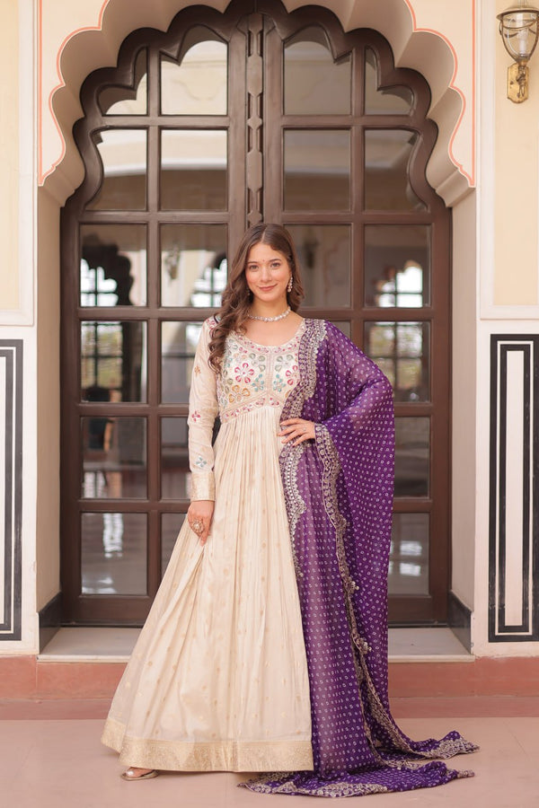 Wedding Wear Off-White Color Designer Gown With Purple Dupatta Set