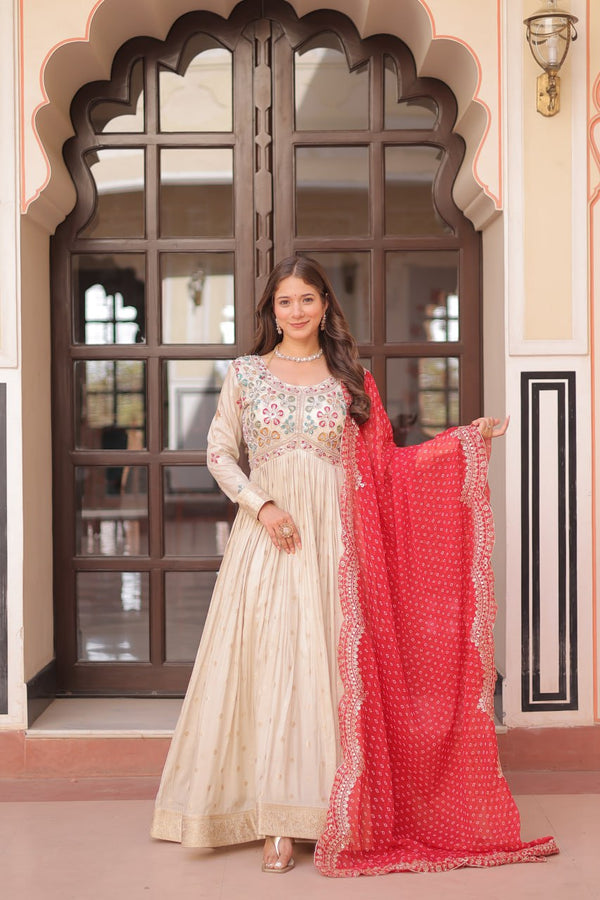 Wedding Wear Off-White Color Designer Gown With Orange Dupatta Set