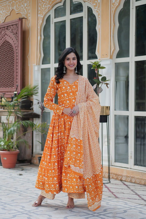 Orange Color Pure Cotton Printed Designer Anarkali Suit