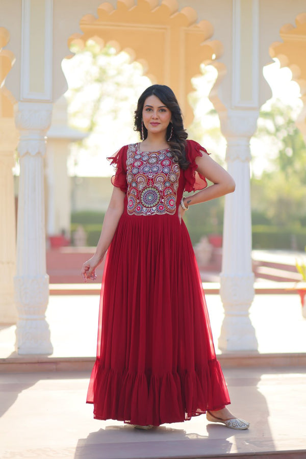 Red Color Designer Gown Beads & Sequins Embroidery Work With 7 Mtr Flair Ready to Wear