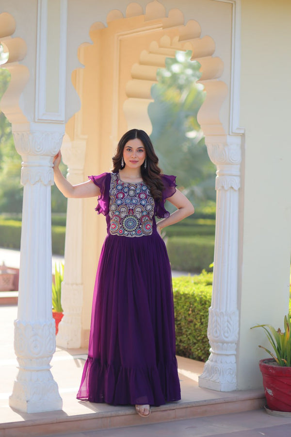 Purple Color Designer Gown Beads & Sequins Embroidery Work With 7 Mtr Flair Ready to Wear