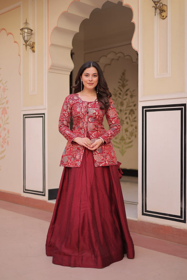 Designer Festive Wear Maroon Color Silk Lehenga With Jacquard Top