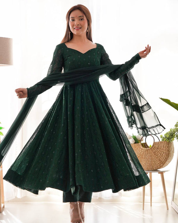 Designer Wear Green Color Soft Faux Georgette With Lucknowi Sequin Work Anarkali Gown
