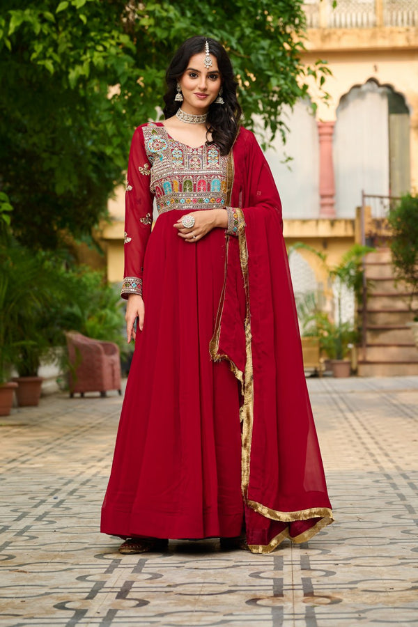 Wedding Wear Maroon Color Sequins And Thread Embroidered Work Beautiful Gown