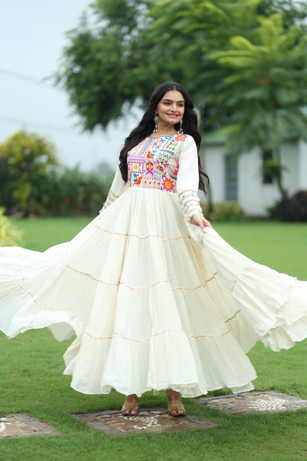 Garba Night Off White Color Embroidery And Gota Patti Work Navratri Gown