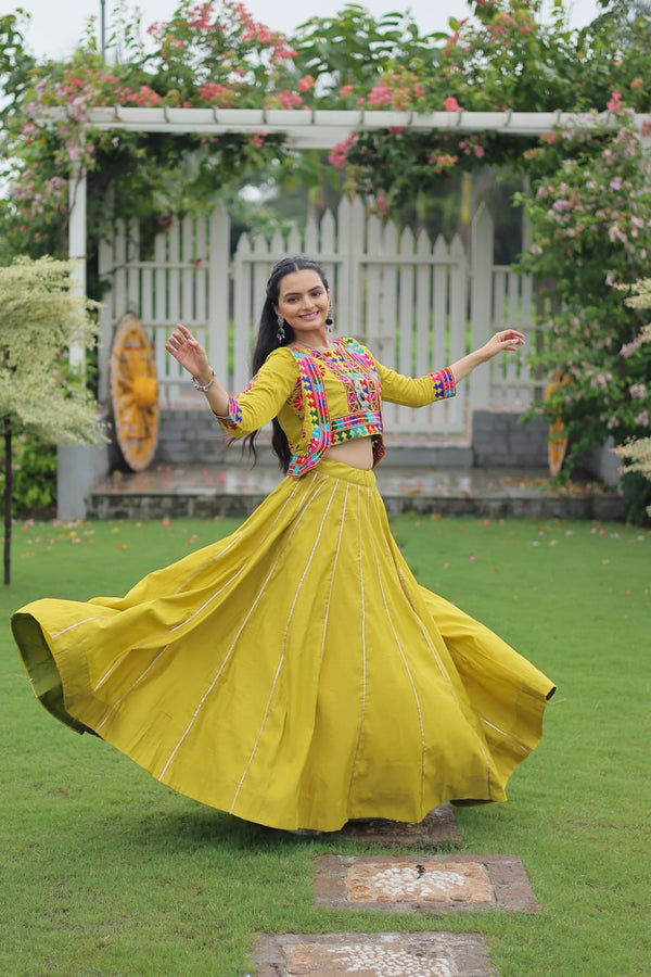 Beautiful Lemon Yellow Color Elegant Gota-Patti Lace Work Navratri Wear Lehenga Choli