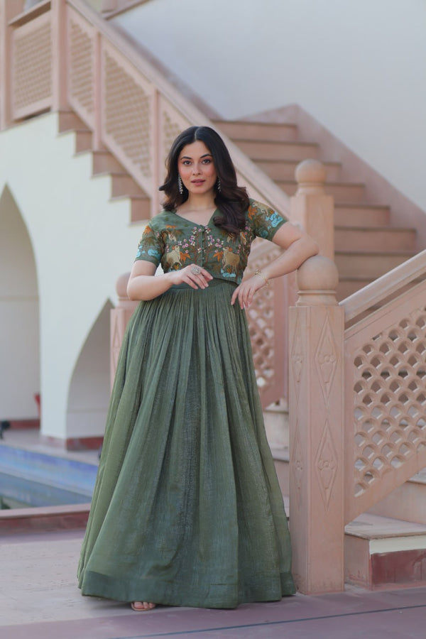 Party Wear Light Green Color Fancy Round Neck Designer Gown