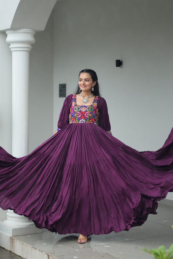 Garba Night Wear Wine Color Heavy Kutchi Gamthi Embroidery Work Navratri Gown
