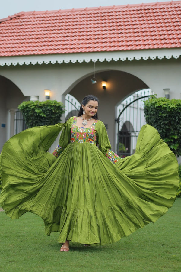 Garba Night Wear Green Color Heavy Kutchi Gamthi Embroidery Work Navratri Gown