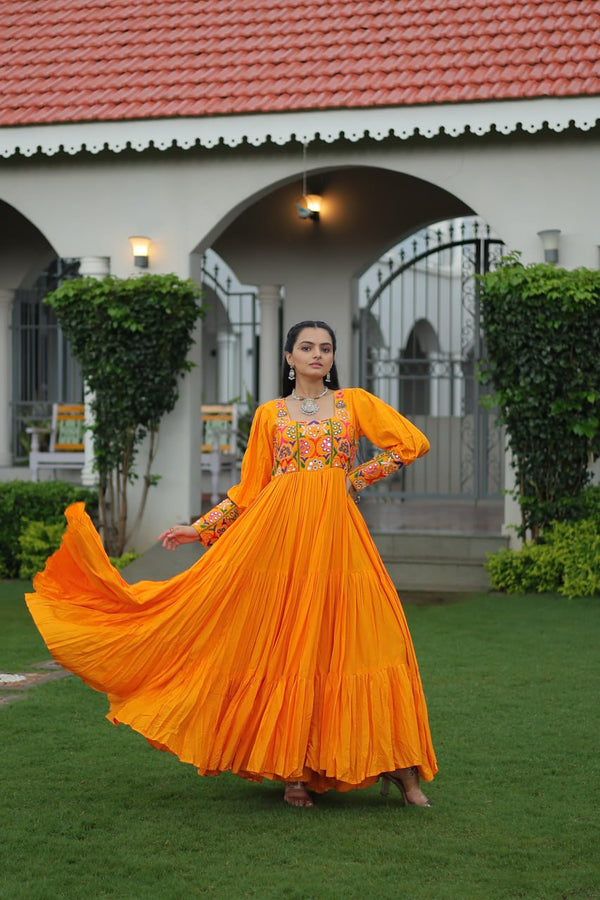 Garba Night Wear Yellow Color Heavy Kutchi Gamthi Embroidery Work Navratri Gown