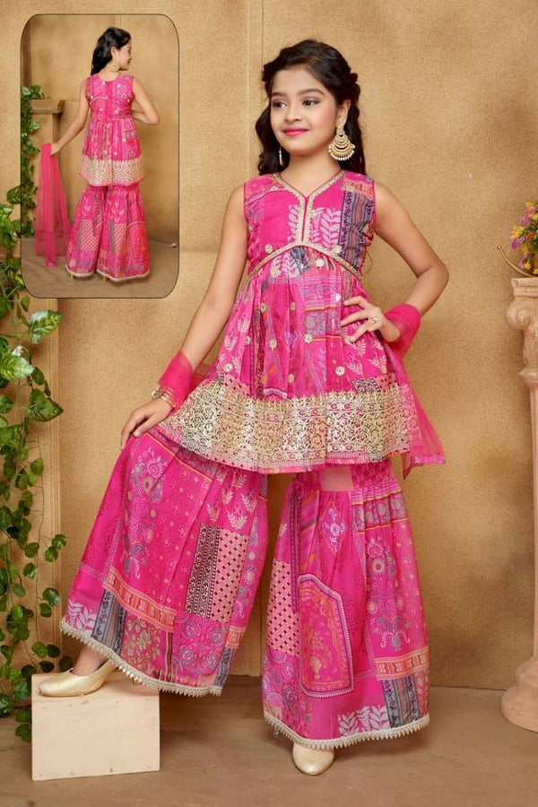 Kids Designer Sarara Suit with Dupatta – Japan Satin & Sequins Embroidery Work (3 to 15 Years)