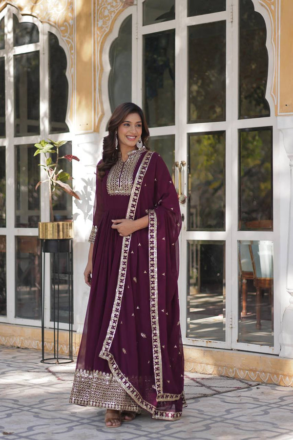 Party Wear Wine Color Sequins Embroidered Work Designer Gown