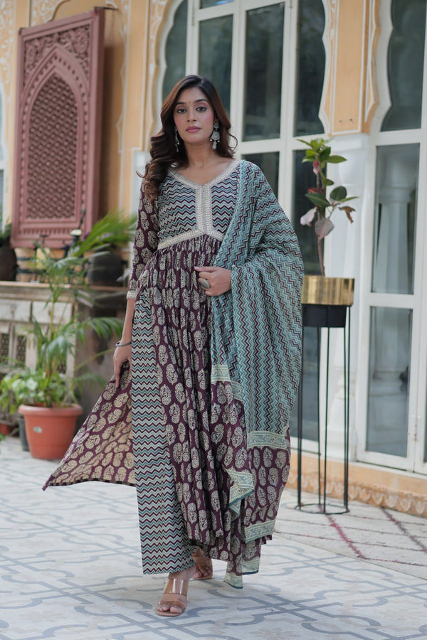 Wine Color Pure Cotton Printed Designer Palazzo Pent Suit