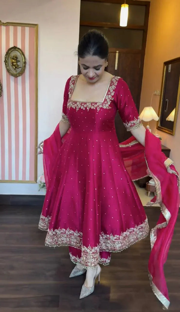 Ceremony Wear Pink Color Heavy Pure Vichitra Silk With Embroidery 5mm Sequence Work Anarkali Suit