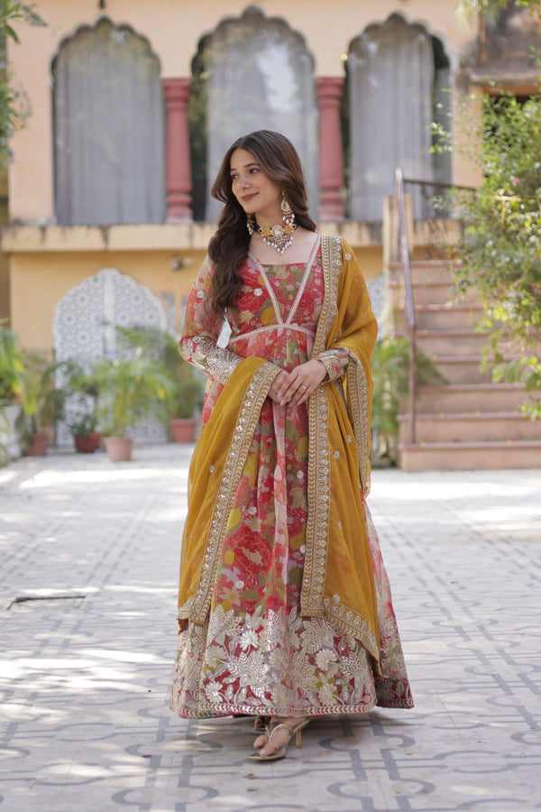 Marriage Special Multi Color Digital Printed With Embroidery Zari Sequins Work Designer Gown