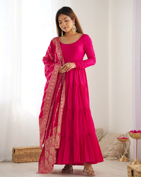 Beautiful Pink Color Pure Roman Silk Chanderi Fabric Fully Flair Anarkali Gown With Dupatta