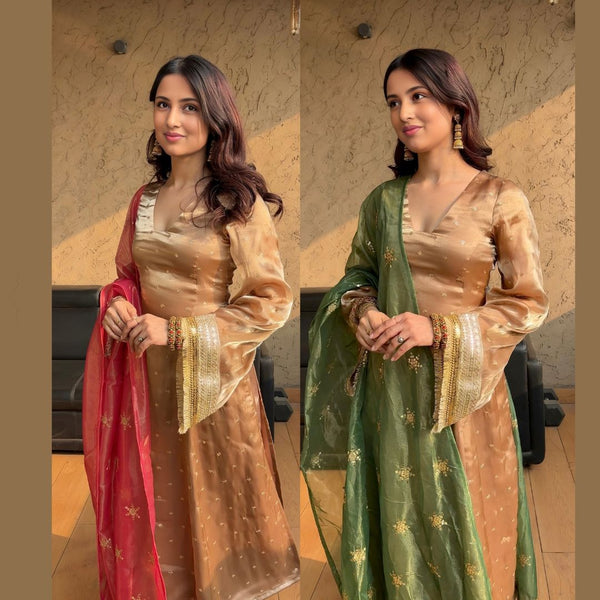 Wedding Wear Double Dupatta Red & Green Color Jimmy Choo and Satin With All-Over Embroidery Work Anarkali Suit