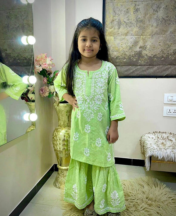 Designer Green Color Rayon Cotton Embroidered Top with Fancy Sharara