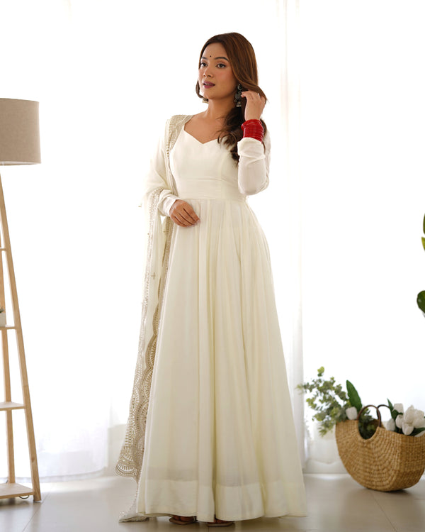 Designer White Color Plain Gown With Dupatta