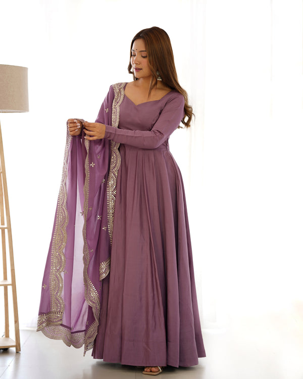 Designer Dusty Pink Color Plain Gown With Work Dupatta