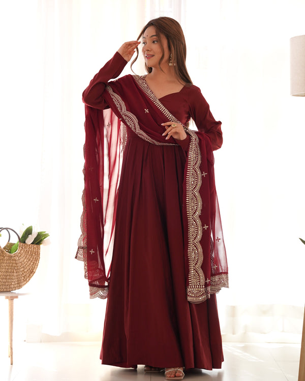 Gorgeous Maroon Color Plain Gown With Work Dupatta