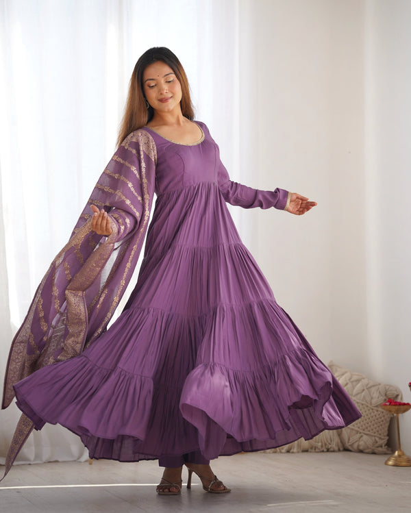 Designer Purple Color Pure Roman Silk Chanderi Fabric Fully Flair Anarkali Gown With Dupatta