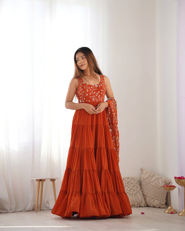 Party Wear Orange Color Heavy Faux Georgette Designer Gown