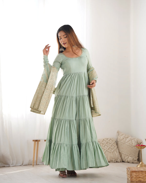 Designer Pista Color Pure Roman Silk Chanderi Fabric Fully Flair Anarkali Gown With Dupatta