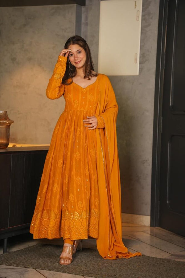 Wedding Wear Mustard Georgette With Embroidery Work Full Stitch Beautiful Anarkali Suit