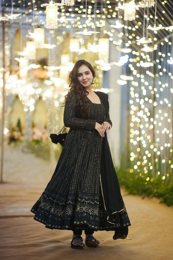 Party Wear Black Color Georgette Fabric With All Over Embroidery Work Beautiful Anarkali Suit