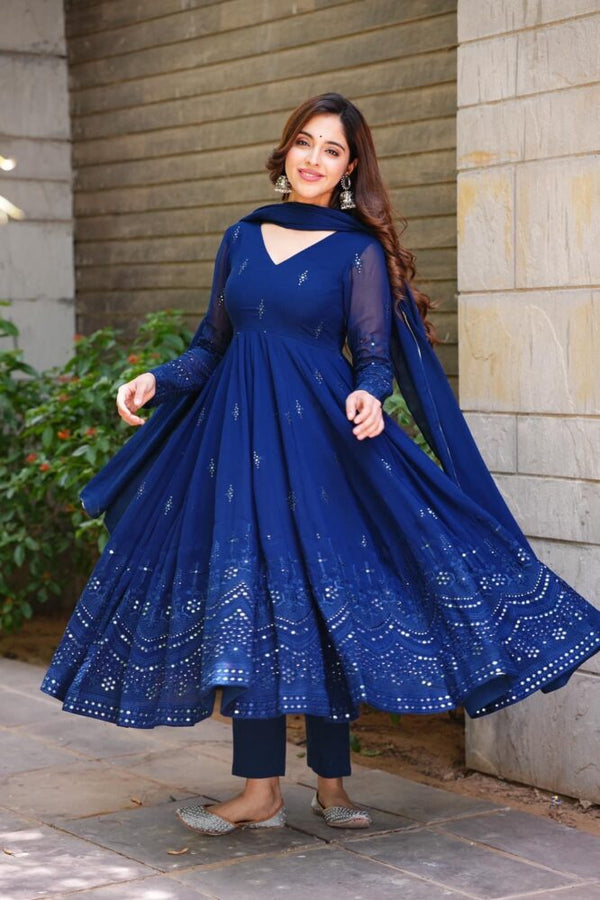 Sangeet Wear Navy Blue Georgette With Embroidery Work Full Stitch Beautiful Anarkali Suit