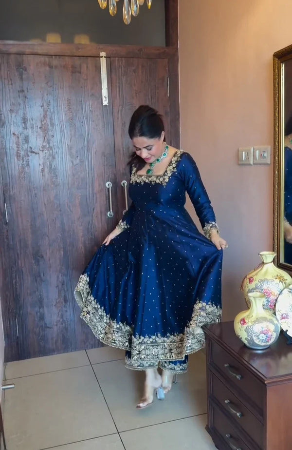 Ceremony Wear Navy Color Heavy Pure Vichitra Silk With Embroidery 5mm Sequence Work Anarkali Suit