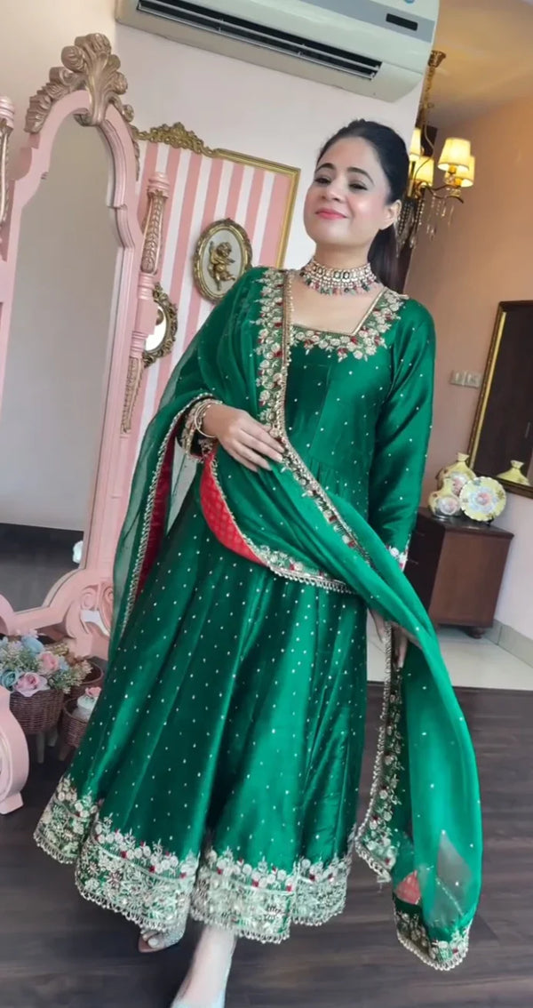 Wedding Wear Green Color Heavy Pure Vichitra Silk With Embroidery 5mm Sequence Work Anarkali Suit